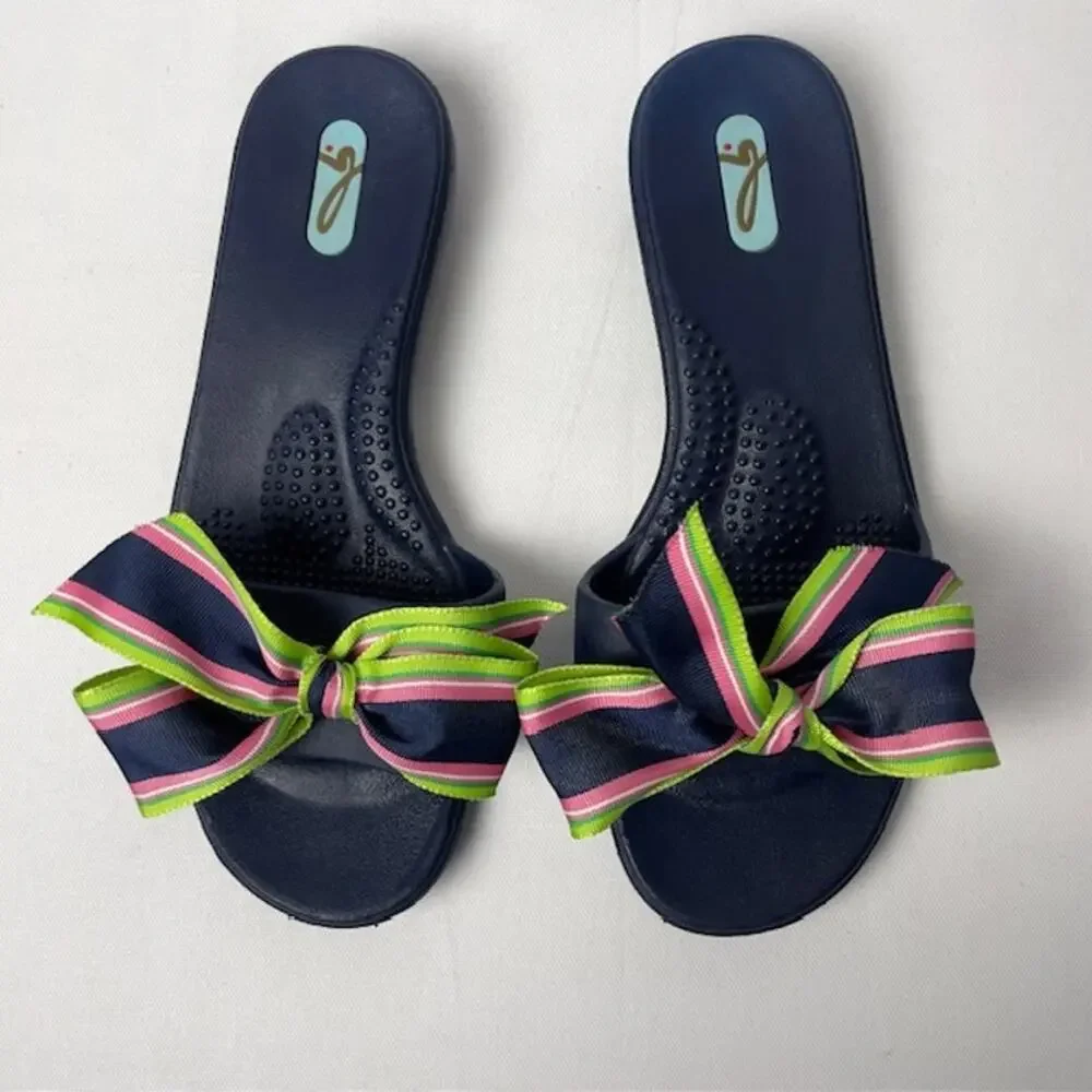 OKA b Navy Green Bow Slide Sandals Womens Resort Preppy Comfort Small Flip Flops